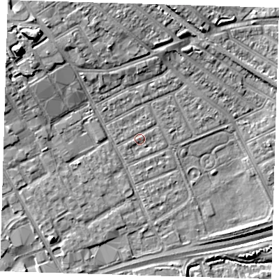 Shaded relief map of the ground around IG117JU, computed from Environment Agency LiDAR. The ground here sits at about 3 m above sea level and falls 16 m across the surrounding 800 m. Surface water reaching this point runs off ground lying to the north-north-east, 0.7 m higher.