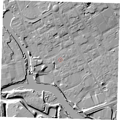 Shaded relief map of the ground around IG117JW, computed from Environment Agency LiDAR. The ground here sits at about 3 m above sea level and falls 12 m across the surrounding 800 m. Surface water reaching this point runs off ground lying to the north-east, 1.2 m higher.