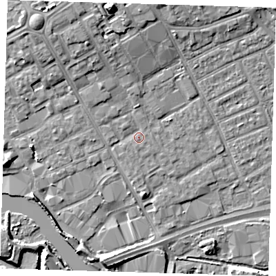 Shaded relief map of the ground around IG117JY, computed from Environment Agency LiDAR. The ground here sits at about 4 m above sea level and falls 12 m across the surrounding 800 m. Surface water reaching this point runs off ground lying to the north-north-west, 5.1 m higher.