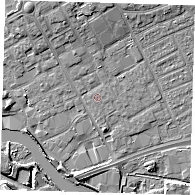 Shaded relief map of the ground around IG117JZ, computed from Environment Agency LiDAR. The ground here sits at about 4 m above sea level and falls 10 m across the surrounding 800 m. The ground contributing surface water to this point lies to the east-north-east.