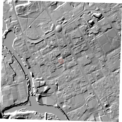 Shaded relief map of the ground around IG117LA, computed from Environment Agency LiDAR. The ground here sits at about 4 m above sea level and falls 11 m across the surrounding 800 m. Surface water reaching this point runs off ground lying to the north, 5.0 m higher.