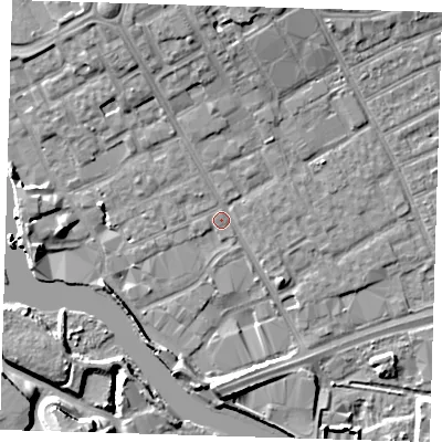 Shaded relief map of the ground around IG117LH, computed from Environment Agency LiDAR. The ground here sits at about 3 m above sea level and falls 10 m across the surrounding 800 m. Surface water reaching this point runs off ground lying to the north, 5.0 m higher.
