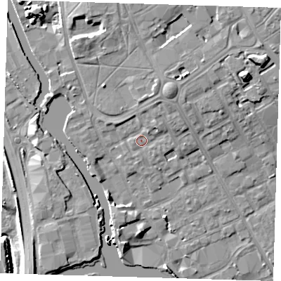 Shaded relief map of the ground around IG117LJ, computed from Environment Agency LiDAR. The ground here sits at about 5 m above sea level and falls 12 m across the surrounding 800 m. Surface water reaching this point runs off ground lying to the north-east, 3.7 m higher.