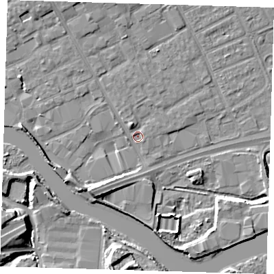 Shaded relief map of the ground around IG117LN, computed from Environment Agency LiDAR. The ground here sits at about 2 m above sea level and falls 10 m across the surrounding 800 m. Surface water reaching this point runs off ground lying to the south-west, 8.6 m higher.