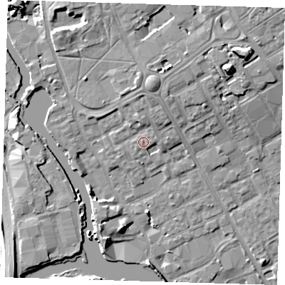 Shaded relief map of the ground around IG117LP, computed from Environment Agency LiDAR. The ground here sits at about 5 m above sea level and falls 11 m across the surrounding 800 m. Surface water reaching this point runs off ground lying to the north-east, 1.4 m higher.