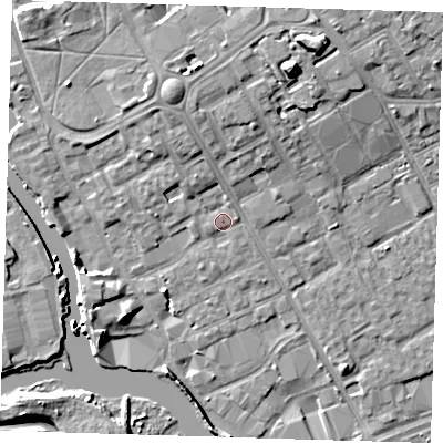 Shaded relief map of the ground around IG117LQ, computed from Environment Agency LiDAR. The ground here sits at about 4 m above sea level and falls 11 m across the surrounding 800 m. Surface water reaching this point runs off ground lying to the north-north-west, 2.8 m higher.