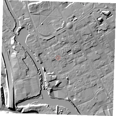 Shaded relief map of the ground around IG117LR, computed from Environment Agency LiDAR. The ground here sits at about 4 m above sea level and falls 12 m across the surrounding 800 m. Surface water reaching this point runs off ground lying to the north-east, 1.5 m higher.