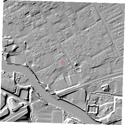 Shaded relief map of the ground around IG117LT, computed from Environment Agency LiDAR. The ground here sits at about 3 m above sea level and falls 10 m across the surrounding 800 m. Surface water reaching this point runs off ground lying to the west-south-west, 0.5 m higher.