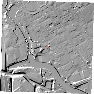 Shaded relief map of the ground around IG117NE, computed from Environment Agency LiDAR. The ground here sits at about 3 m above sea level and falls 13 m across the surrounding 800 m. Surface water reaching this point runs off ground lying to the north, 6.4 m higher.