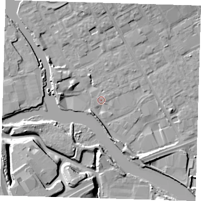 Shaded relief map of the ground around IG117NH, computed from Environment Agency LiDAR. The ground here sits at about 3 m above sea level and falls 11 m across the surrounding 800 m. Surface water reaching this point runs off ground lying to the north, 5.8 m higher.