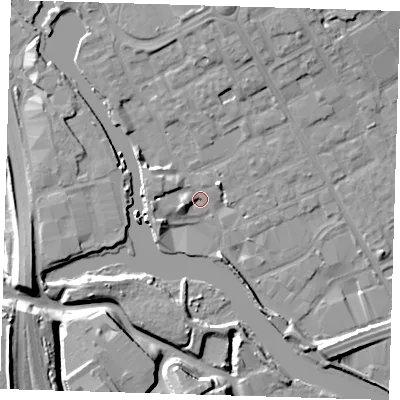 Shaded relief map of the ground around IG117NL, computed from Environment Agency LiDAR. The ground here sits at about 3 m above sea level and falls 14 m across the surrounding 800 m. Surface water reaching this point runs off ground lying to the north, 5.4 m higher.