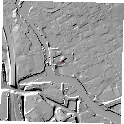 Shaded relief map of the ground around IG117NU, computed from Environment Agency LiDAR. The ground here sits at about 5 m above sea level and falls 16 m across the surrounding 800 m. Surface water reaching this point runs off ground lying to the west-south-west, 3.5 m higher.