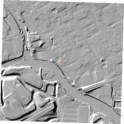 Shaded relief map of the ground around IG117NZ, computed from Environment Agency LiDAR. The ground here sits at about 3 m above sea level and falls 11 m across the surrounding 800 m. Surface water reaching this point runs off ground lying to the north-west, 5.2 m higher.