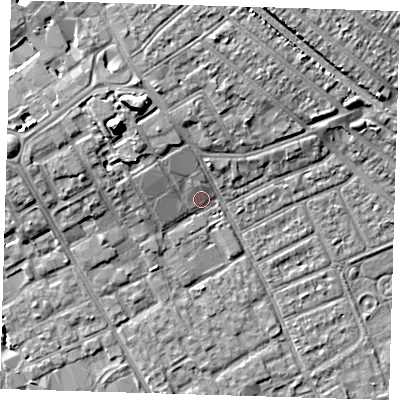Shaded relief map of the ground around IG117QG, computed from Environment Agency LiDAR. The ground here sits at about 4 m above sea level and falls 11 m across the surrounding 800 m. Surface water reaching this point runs off ground lying to the north-west, 8.5 m higher.