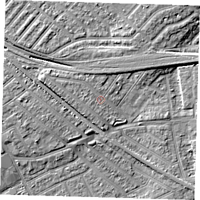 Shaded relief map of the ground around IG117QP, computed from Environment Agency LiDAR. The ground here sits at about 6 m above sea level and falls 8 m across the surrounding 800 m. Surface water reaching this point runs off ground lying to the west-north-west, 2.3 m higher.