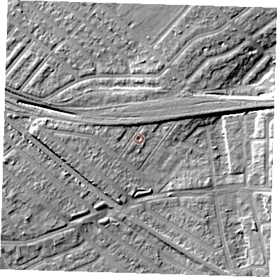 Shaded relief map of the ground around IG117QR, computed from Environment Agency LiDAR. The ground here sits at about 4 m above sea level and falls 8 m across the surrounding 800 m. Surface water reaching this point runs off ground lying to the west, 3.9 m higher.