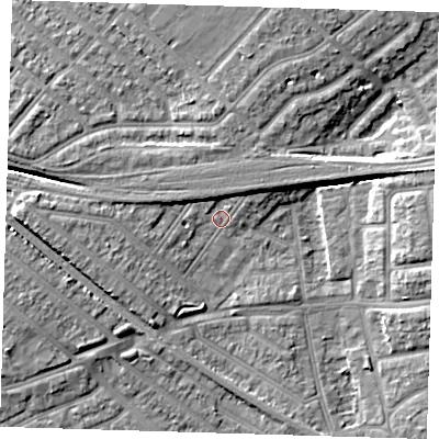 Shaded relief map of the ground around IG117QT, computed from Environment Agency LiDAR. The ground here sits at about 3 m above sea level and falls 8 m across the surrounding 800 m. Surface water reaching this point runs off ground lying to the west, 5.2 m higher.