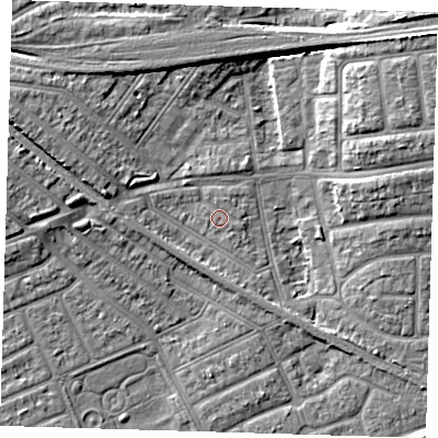 Shaded relief map of the ground around IG117QU, computed from Environment Agency LiDAR. The ground here sits at about 3 m above sea level and falls 8 m across the surrounding 800 m. Surface water reaching this point runs off ground lying to the north-north-east, 0.6 m higher.