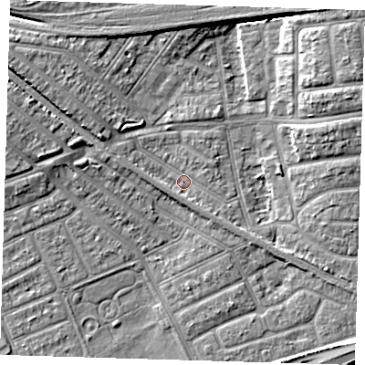 Shaded relief map of the ground around IG117QX, computed from Environment Agency LiDAR. The ground here sits at about 3 m above sea level and falls 8 m across the surrounding 800 m. Surface water reaching this point runs off ground lying to the west-north-west, 5.8 m higher.