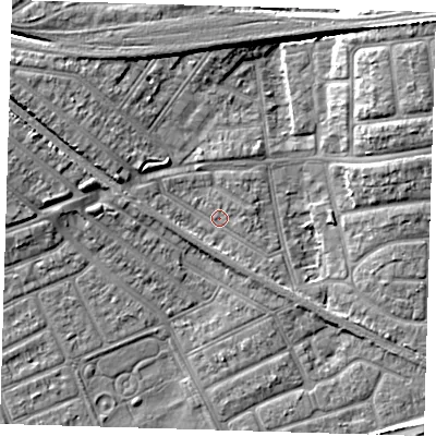 Shaded relief map of the ground around IG117QY, computed from Environment Agency LiDAR. The ground here sits at about 3 m above sea level and falls 8 m across the surrounding 800 m. Surface water reaching this point runs off ground lying to the west-north-west, 5.8 m higher.