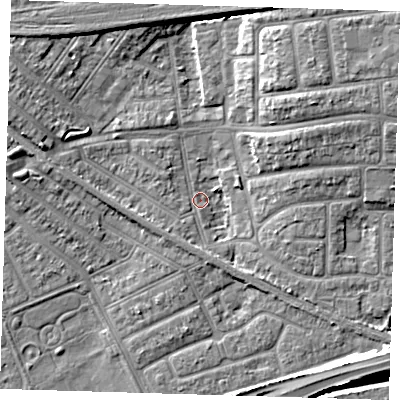 Shaded relief map of the ground around IG117QZ, computed from Environment Agency LiDAR. The ground here sits at about 2 m above sea level and falls 8 m across the surrounding 800 m. Surface water reaching this point runs off ground lying to the west-north-west, 5.6 m higher.