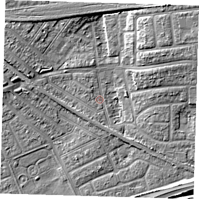 Shaded relief map of the ground around IG117RA, computed from Environment Agency LiDAR. The ground here sits at about 2 m above sea level and falls 8 m across the surrounding 800 m. Surface water reaching this point runs off ground lying to the west-north-west, 5.9 m higher.