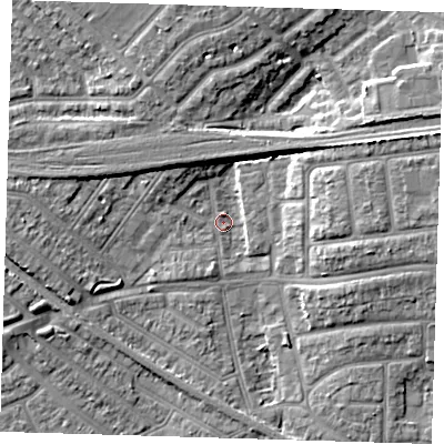Shaded relief map of the ground around IG117RB, computed from Environment Agency LiDAR. The ground here sits at about 2 m above sea level and falls 8 m across the surrounding 800 m. Surface water reaching this point runs off ground lying to the west, 5.9 m higher.
