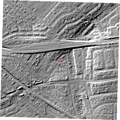 Shaded relief map of the ground around IG117RD, computed from Environment Agency LiDAR. The ground here sits at about 3 m above sea level and falls 8 m across the surrounding 800 m. Surface water reaching this point runs off ground lying to the north-north-west, 4.4 m higher.