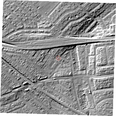 Shaded relief map of the ground around IG117RE, computed from Environment Agency LiDAR. The ground here sits at about 2 m above sea level and falls 8 m across the surrounding 800 m. Surface water reaching this point runs off ground lying to the west, 5.7 m higher.