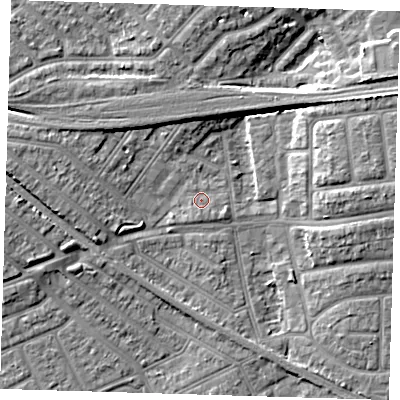 Shaded relief map of the ground around IG117RF, computed from Environment Agency LiDAR. The ground here sits at about 3 m above sea level and falls 8 m across the surrounding 800 m. Surface water reaching this point runs off ground lying to the west, 7.5 m higher.