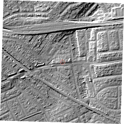 Shaded relief map of the ground around IG117RJ, computed from Environment Agency LiDAR. The ground here sits at about 3 m above sea level and falls 8 m across the surrounding 800 m. Surface water reaching this point runs off ground lying to the west, 7.5 m higher.