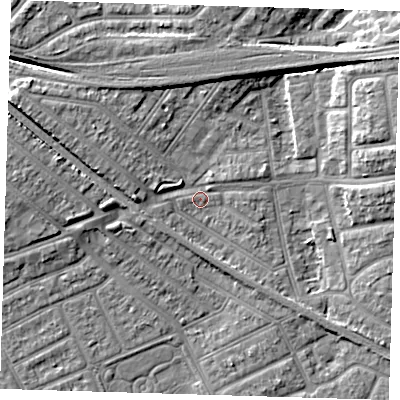 Shaded relief map of the ground around IG117RP, computed from Environment Agency LiDAR. The ground here sits at about 3 m above sea level and falls 8 m across the surrounding 800 m. Surface water reaching this point runs off ground lying to the west-north-west, 6.3 m higher.