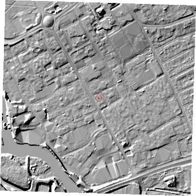 Shaded relief map of the ground around IG117RS, computed from Environment Agency LiDAR. The ground here sits at about 4 m above sea level and falls 12 m across the surrounding 800 m. Surface water reaching this point runs off ground lying to the north-north-west, 4.9 m higher.