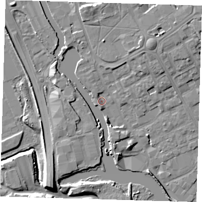 Shaded relief map of the ground around IG117RU, computed from Environment Agency LiDAR. The ground here sits at about 3 m above sea level and falls 12 m across the surrounding 800 m. Surface water reaching this point runs off ground lying to the north-east, 6.0 m higher.