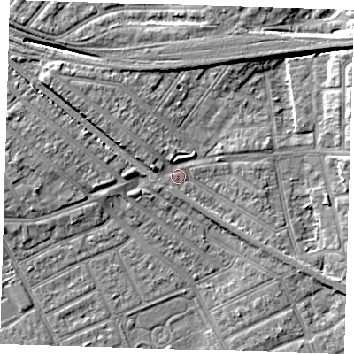 Shaded relief map of the ground around IG117RW, computed from Environment Agency LiDAR. The ground here sits at about 4 m above sea level and falls 8 m across the surrounding 800 m. Surface water reaching this point runs off ground lying to the west-north-west, 5.3 m higher.