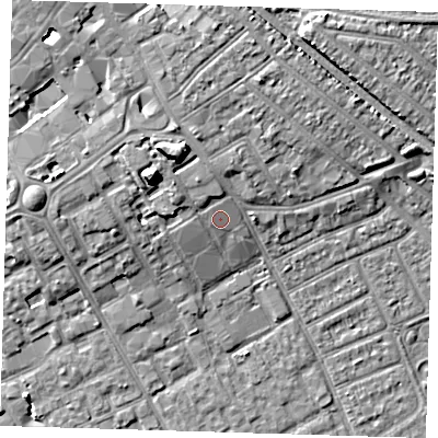 Shaded relief map of the ground around IG117RY, computed from Environment Agency LiDAR. The ground here sits at about 6 m above sea level and falls 11 m across the surrounding 800 m. Surface water reaching this point runs off ground lying to the west-north-west, 0.9 m higher.