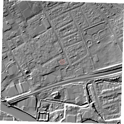 Shaded relief map of the ground around IG117SB, computed from Environment Agency LiDAR. The ground here sits at about 3 m above sea level and falls 13 m across the surrounding 800 m. Surface water reaching this point runs off ground lying to the west, 0.7 m higher.