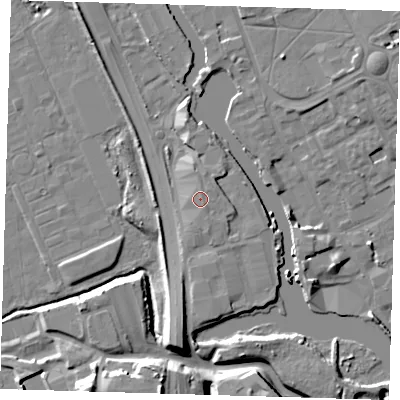 Shaded relief map of the ground around IG117SJ, computed from Environment Agency LiDAR. The ground here sits at about 6 m above sea level and falls 14 m across the surrounding 800 m. The ground contributing surface water to this point lies to the north-east.