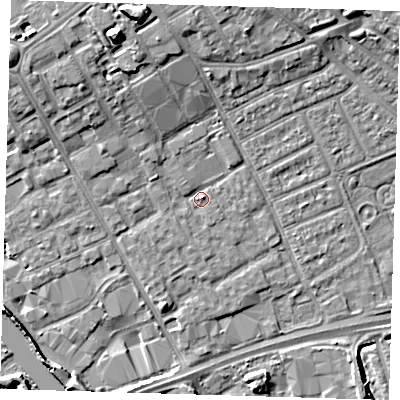 Shaded relief map of the ground around IG117SP, computed from Environment Agency LiDAR. The ground here sits at about 4 m above sea level and falls 12 m across the surrounding 800 m. Surface water reaching this point runs off ground lying to the north-west, 1.6 m higher.