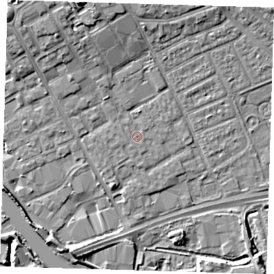Shaded relief map of the ground around IG117SR, computed from Environment Agency LiDAR. The ground here sits at about 3 m above sea level and falls 12 m across the surrounding 800 m. Surface water reaching this point runs off ground lying to the north-west, 0.5 m higher.