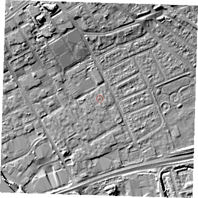 Shaded relief map of the ground around IG117SW, computed from Environment Agency LiDAR. The ground here sits at about 3 m above sea level and falls 12 m across the surrounding 800 m. The ground contributing surface water to this point lies to the north-east.