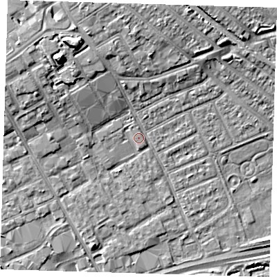 Shaded relief map of the ground around IG117TD, computed from Environment Agency LiDAR. The ground here sits at about 4 m above sea level and falls 12 m across the surrounding 800 m. Surface water reaching this point runs off ground lying to the north-west, 9.1 m higher.