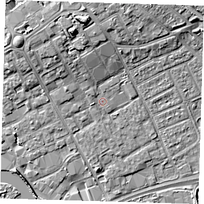 Shaded relief map of the ground around IG117TF, computed from Environment Agency LiDAR. The ground here sits at about 4 m above sea level and falls 12 m across the surrounding 800 m. Surface water reaching this point runs off ground lying to the west-north-west, 1.1 m higher.