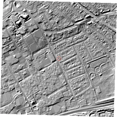 Shaded relief map of the ground around IG117TN, computed from Environment Agency LiDAR. The ground here sits at about 3 m above sea level and falls 13 m across the surrounding 800 m. Surface water reaching this point runs off ground lying to the north-west, 9.1 m higher.