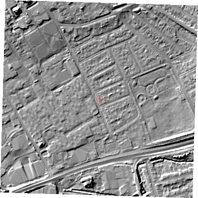 Shaded relief map of the ground around IG117TP, computed from Environment Agency LiDAR. The ground here sits at about 3 m above sea level and falls 15 m across the surrounding 800 m. Surface water reaching this point runs off ground lying to the north-west, 9.6 m higher.