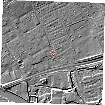 Shaded relief map of the ground around IG117TS, computed from Environment Agency LiDAR. The ground here sits at about 3 m above sea level and falls 14 m across the surrounding 800 m. Surface water reaching this point runs off ground lying to the north-west, 4.3 m higher.