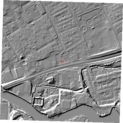 Shaded relief map of the ground around IG117TT, computed from Environment Agency LiDAR. The ground here sits at about 2 m above sea level and falls 14 m across the surrounding 800 m. Surface water reaching this point runs off ground lying to the west-south-west, 2.3 m higher.