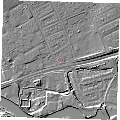 Shaded relief map of the ground around IG117TU, computed from Environment Agency LiDAR. The ground here sits at about 2 m above sea level and falls 14 m across the surrounding 800 m. Surface water reaching this point runs off ground lying to the north-west, 4.0 m higher.