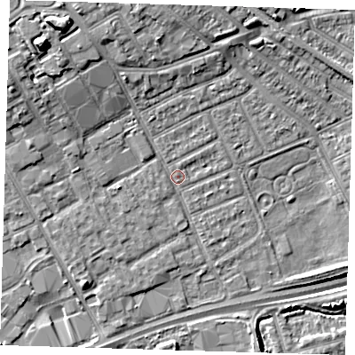 Shaded relief map of the ground around IG117TW, computed from Environment Agency LiDAR. The ground here sits at about 3 m above sea level and falls 14 m across the surrounding 800 m. Surface water reaching this point runs off ground lying to the north-west, 9.4 m higher.