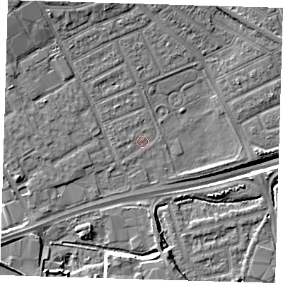 Shaded relief map of the ground around IG117TX, computed from Environment Agency LiDAR. The ground here sits at about 2 m above sea level and falls 12 m across the surrounding 800 m. Surface water reaching this point runs off ground lying to the west-south-west, 0.8 m higher.